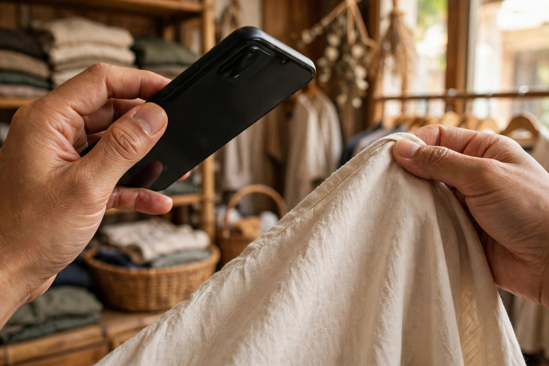 Tay cầm điện thoại quay cận cảnh chất vải áo cotton trong shop quần áo nhỏ