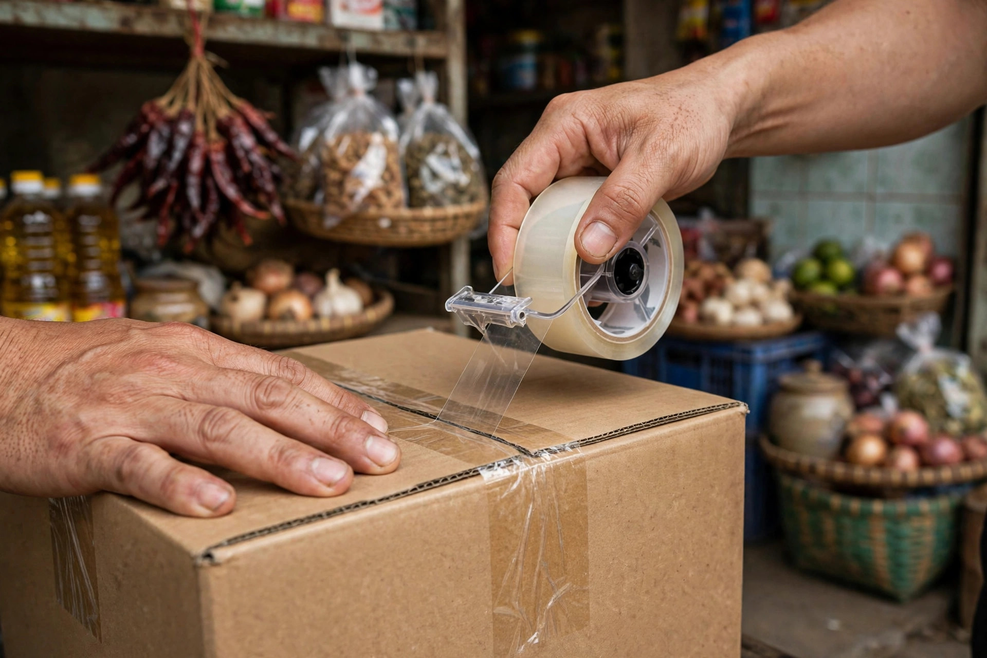 Tay dán băng keo đóng gói thùng hàng trong shop nhỏ ở Việt Nam