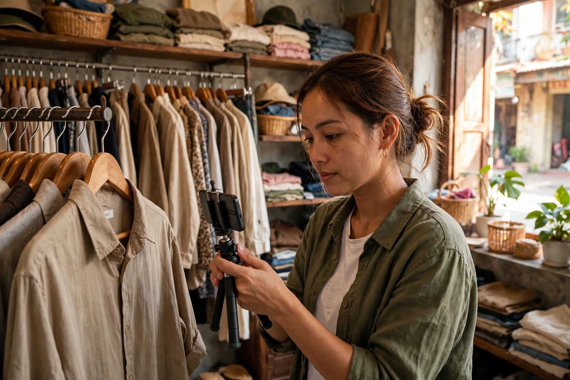 Chủ shop quần áo nhỏ đang dựng điện thoại lên chân máy để quay video giới thiệu áo treo trên móc trong shop