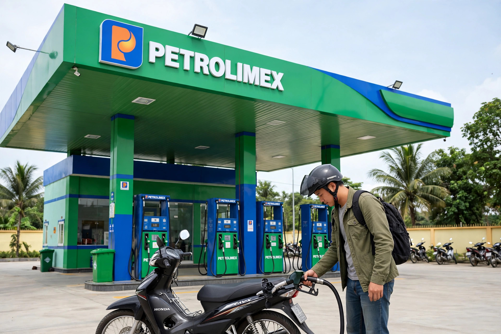 Người đi xe máy đổ xăng tại cây xăng Petrolimex ở Việt Nam ban ngày